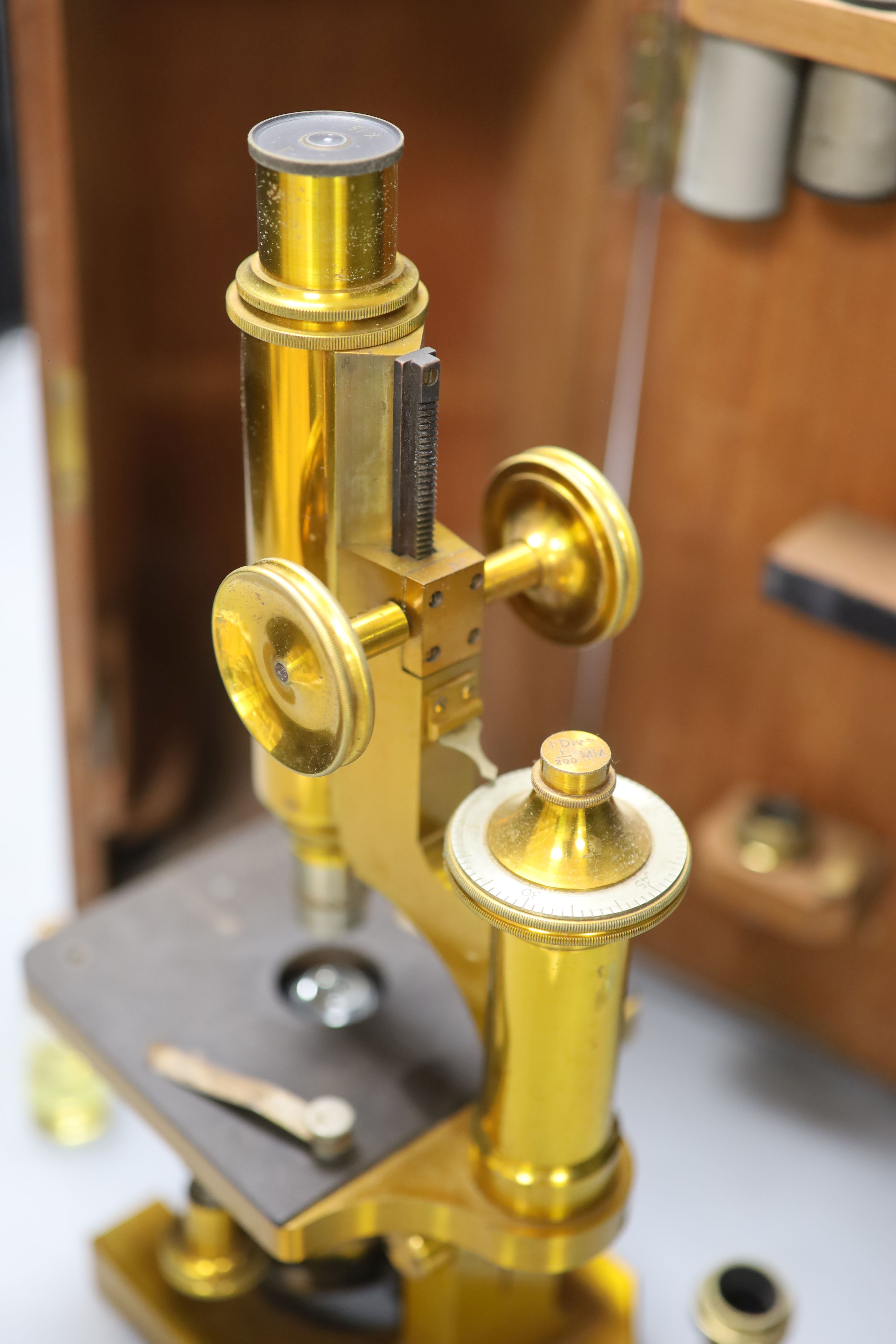 An R & J Beck Ltd brass microscope in case, serial no. 24889